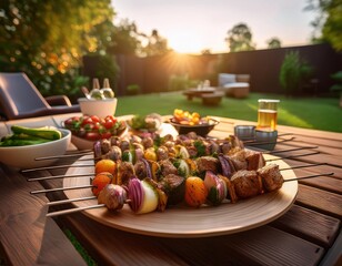 Fototapeta premium Savory Shashlik Skewers with Marinated Meat and Grilled Vegetables, Captured in a Cozy Backyard Barbecue Setup with a Casual Outdoor Dining Vibe
