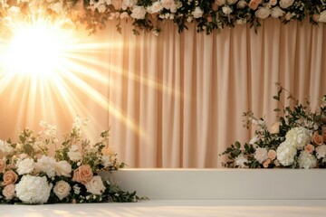 Craft a wedding stage adorned with floral backdrops and acoustics emphasizing soft melodies and live romantic performances