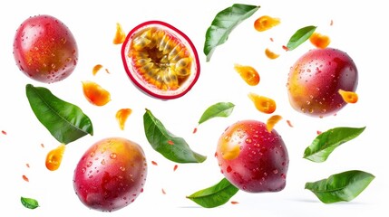 Vibrant passion fruits surrounded by green leaves and orange pulp flying in the air against a bright background