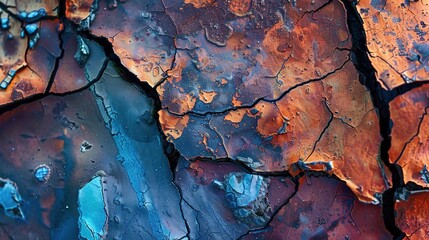 Naklejka premium Close-Up of Cracked Wall Texture - a detailed and textured view of a weathered surface. The intricate cracks reveal a rich palette of colors.