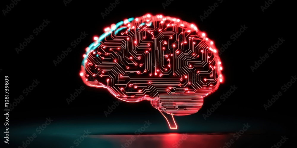 Poster a glowing, stylized brain made of circuit patterns, representing the fusion of technology and intell