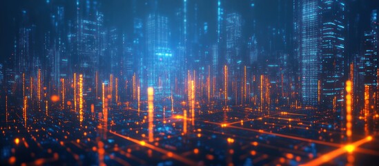 Obraz premium Abstract digital city with glowing lights and lines.