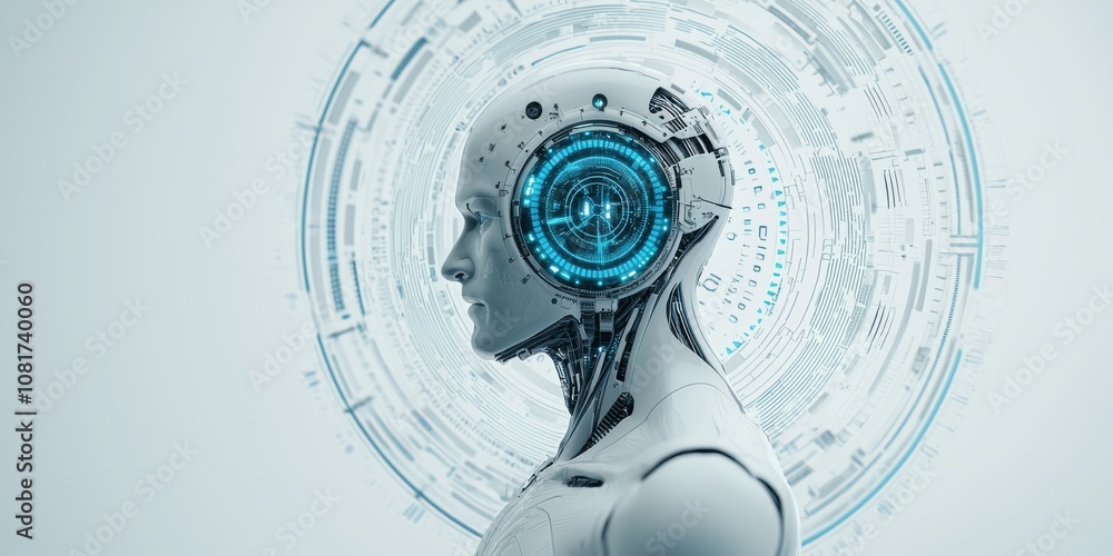 Poster a futuristic humanoid robot's side profile, featuring intricate circuitry and a glowing digital inte