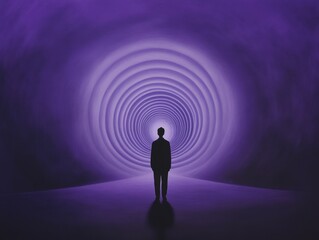 Fototapeta premium person standing in a surreal, illuminated tunnel