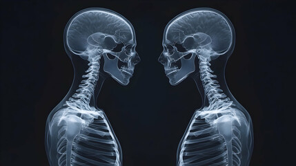3D Render of Two Skeletal Heads and Upper Bodies Facing Each Other Against a Dark Background
