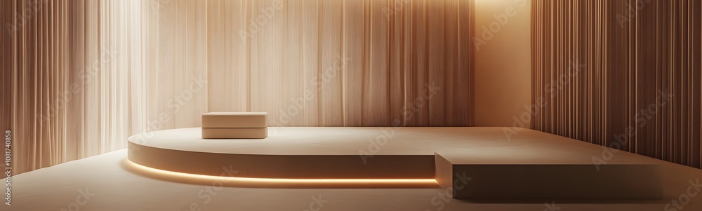 Poster 99. a minimalist podium with a soft, neutral finish, surrounded by ambient light, creating ample spa