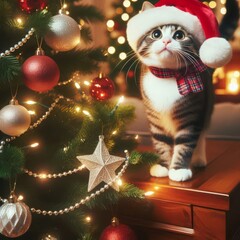 Playful cat enjoying the festive mood at the Christmas tree - quirky holiday scene with curious feline friend