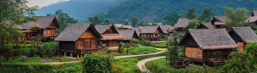 Scenic view of traditional wooden houses surrounded by lush greenery and winding paths.