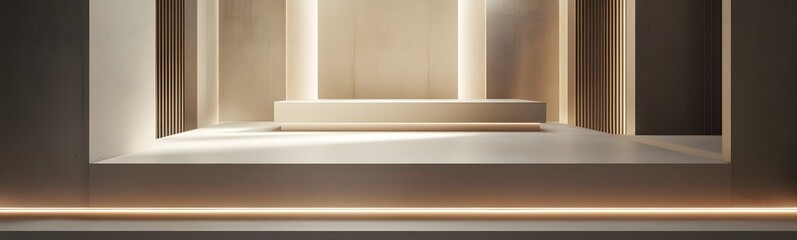 Obraz premium 99. A minimalist podium with a soft, neutral finish, surrounded by ambient light, creating ample space for product showcasing.
