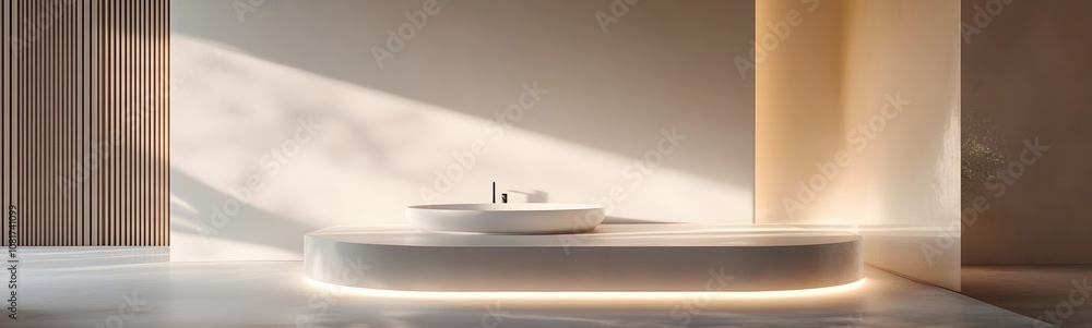 Poster 99. a minimalist podium with a soft, neutral finish, surrounded by ambient light, creating ample spa