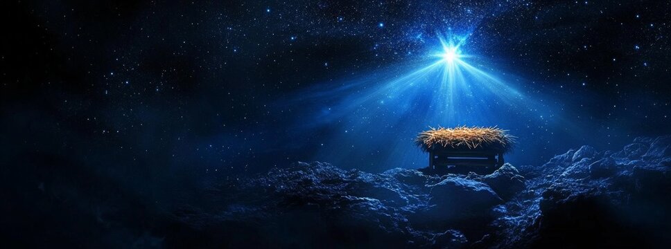 Glowing Star over Manger, Nativity Scene, Jesus Birth, Christian Christmas Night, Hope, Salvation, Emmanuel, Messiah, Bethlehem, Holy, Religious Banner, Copy Space