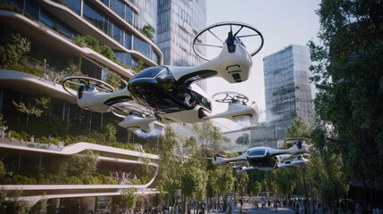 An urban air mobility network integrating flying taxis with public transport systems, ensuring seamless and fast travel across the city