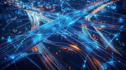 Autonomous vehicles communicating with smart infrastructure, adapting to AI-predicted traffic changes to avoid delays