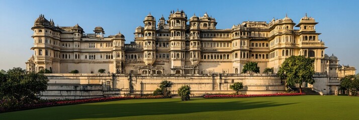 A grand architectural structure featuring intricate designs and expansive gardens.