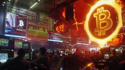 A futuristic crypto trading room filled with large screens displaying Bitcoin symbols and financial data as traders work at their desks.