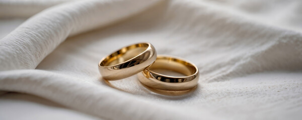 Classic gold wedding bands resting on soft white fabric. Elegant symbol of eternal love captured in luxurious macro detail, perfect for wedding industry and jewelry marketing