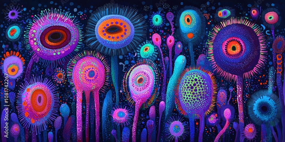 Poster a vibrant and colorful abstract pattern with circular shapes and textures. ai.