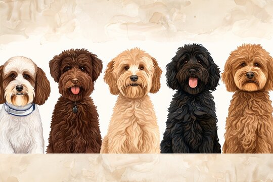 A group of five adorable doodle dogs with different coat colors, lined up in a portrait, showing their fluffy and curly fur.