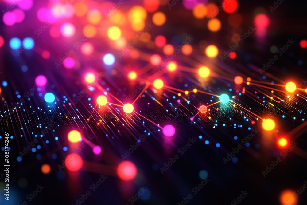 Poster abstract background with glowing colorful dots and lines.
