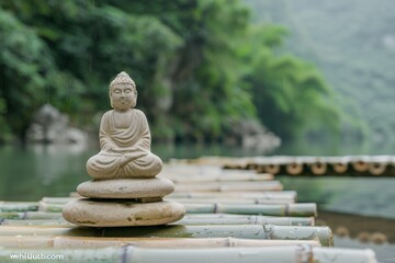 A serene river scene with a small Buddha statue sitting atop stacked stones, surrounded by a lush, green natural landscape, promoting peace and mindfulness.