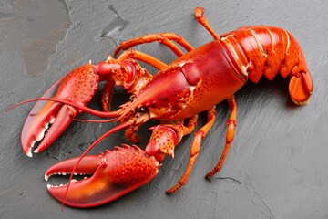 A bright red lobster, freshly cooked and displayed on a dark slate background, showcasing its vibrant color and texture, ready for a gourmet seafood meal.