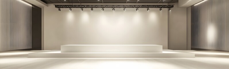83. A clean, white podium with subtle overhead lighting, leaving an open, spacious area for showcasing a product.