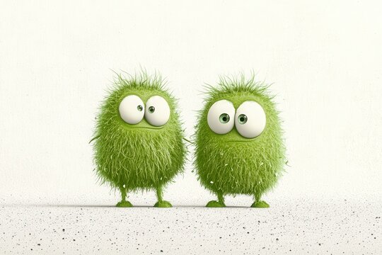 Cute and fuzzy green monsters with big eyes