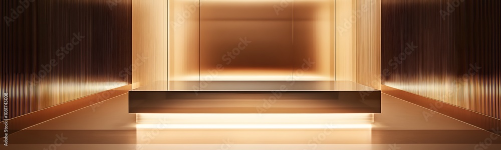 Poster 84. a sleek podium with a mirrored surface, illuminated from beneath, creating an elegant space for 