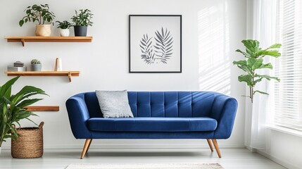 A cozy modern living room featuring a blue sofa