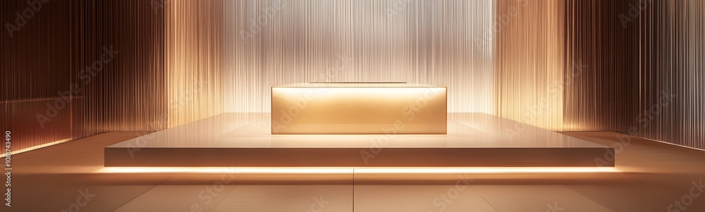 Poster 84. a sleek podium with a mirrored surface, illuminated from beneath, creating an elegant space for 