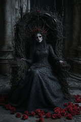 A dark figure seated on a throne of vines and flowers in an abandoned gothic setting
