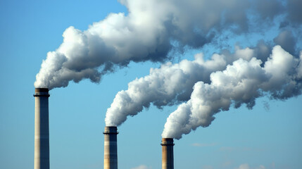 Dramatic image of smoke billowing from industrial chimneys against blue sky, showcasing environmental impact and industrial activity