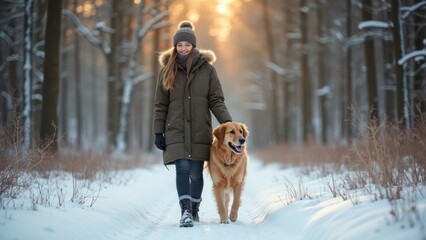 A woman, dressed warmly in a long coat, strolls with her golden retriever on a snow-covered trail. The sun sets gently, illuminating the serene winter landscape