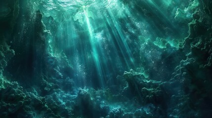Underwater light beams shining through the deep blue water and illuminating the ocean floor.