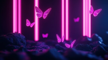 Fototapeta premium A digital vibrant pink neon butterflies fluttering against dark rock formations, illuminated by striking vertical neon beams, blending nature and technology.