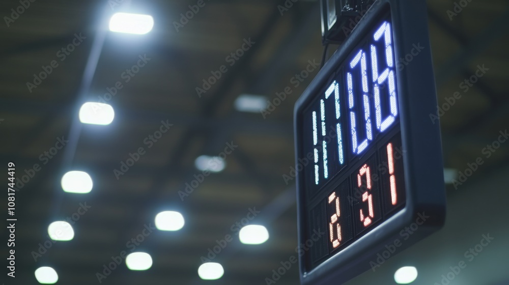Aufkleber a gymnasium's basketball scoreboard with a focus on the numbers and display, indoor setting with bri