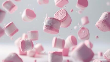Lots of white and pink marshmallows are flying