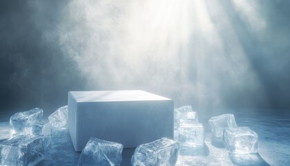 Pristine white circular podium amidst a sea of oversized ice cubes – the epitome of cool, minimalist presentation