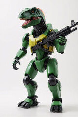 A toy figure of a t-rex holding a rifle.