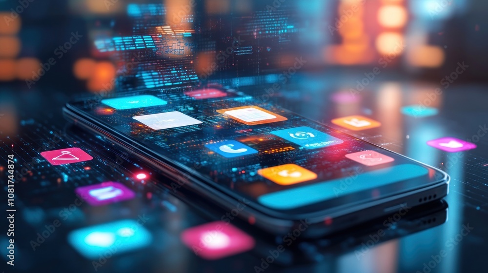 Aufkleber a modern smartphone with colorful app icons on its screen, surrounded by glowing digital code.