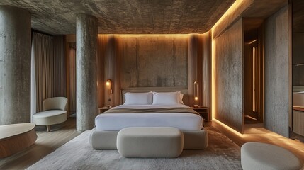 Concrete and wood luxury bedroom, minimalist design, and warm lighting 