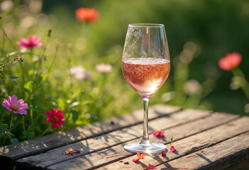 Chilled Rosé Wine Glass Surrounded By Vibrant Summer Flowers Outdoors