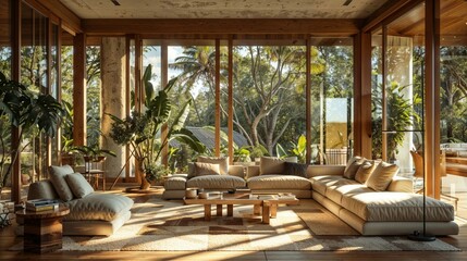Fototapeta premium Spacious modern living room with large glass windows, lush indoor plants, cozy furniture, and abundant natural light, creating a serene, tropical-inspired retreat
