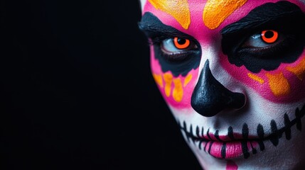 Obraz premium Close-up of person adorned with vibrant sugar skull makeup in pink, yellow, and black, with glowing orange eyes. dark backdrop enhances the festive spirit of dide los muertos.