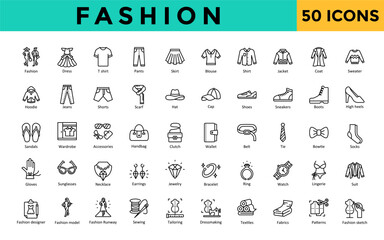 Fashion icons set with fashion, dress, t shirt, pants, skirt, blouse, shirt, jacket, coat, sweater icon. Simple line vector 
