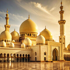  Majestic mosque with golden domes and minarets under a vibrant sky, showcasing Islamic architecture's elegance. Perfect for cultural and architectural themes.