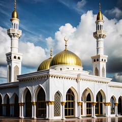 Fototapeta premium Majestic mosque with golden domes and minarets under a vibrant sky, showcasing Islamic architecture's elegance. Perfect for cultural and architectural themes.