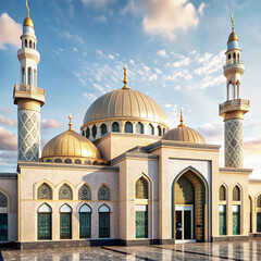  Majestic mosque with golden domes and minarets under a vibrant sky, showcasing Islamic architecture's elegance. Perfect for cultural and architectural themes.