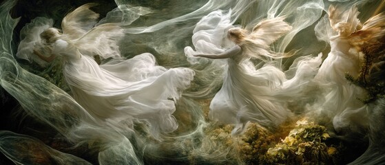 Ethereal dance of flowing white fabric in a mystical forest setting
