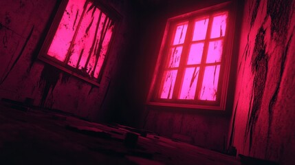 An Empty Dark Room with Old Damaged Walls and Neon Accents Highlighting an Atmosphere of Abandonment and Desolation